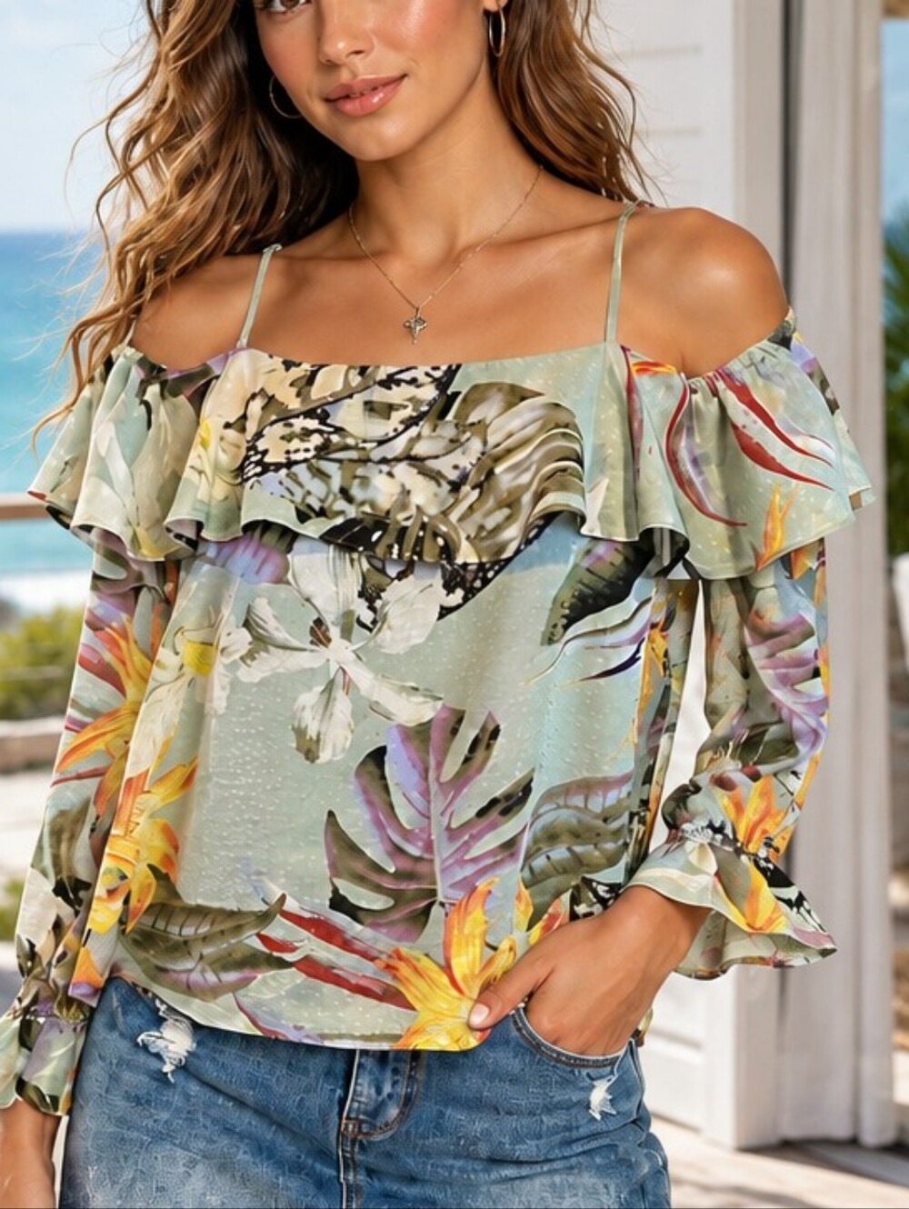 Guess Sage Green Floral Off-Shoulder Ruffle Camisole